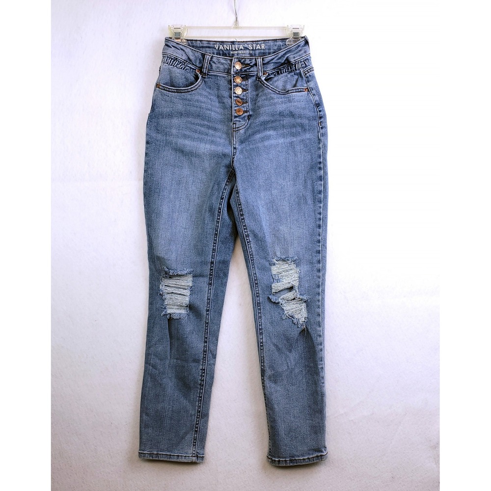 Vanilla Star Mom Jeans Blue Mid Rise Distressed Button Fly Junior's Size 3